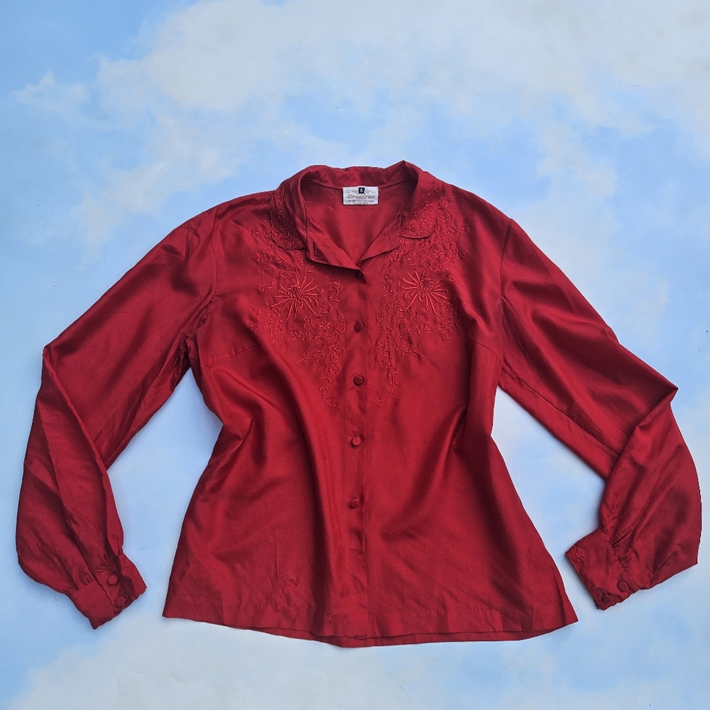 Vintage 90s Red Satin Floral Embroidery Detail Blouse Stylish Vintage
